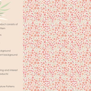 May include: A seamless pattern featuring a white background with small pink and peach flowers and green leaves. The pattern is 12 inches by 12 inches and 3600 pixels by 3600 pixels.