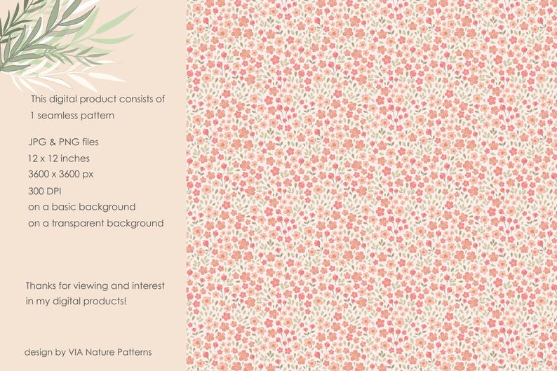 May include: A seamless pattern featuring a white background with small pink and peach flowers and green leaves. The pattern is 12 inches by 12 inches and 3600 pixels by 3600 pixels.