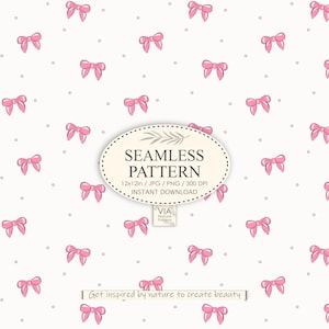 Pink bows seamless pattern | Coquette Pattern | Fabric design | Girly print | Floral digital paper JPG PNG #40001