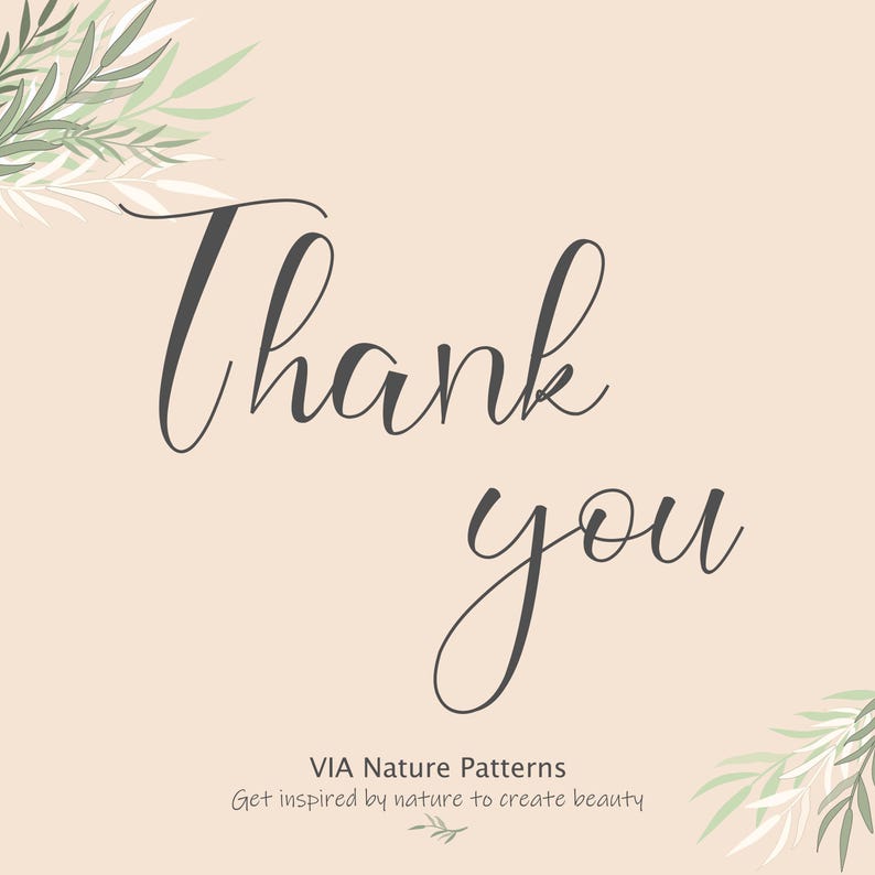 May include: A simple thank you card with a light beige background and a handwritten message in black script. The card is decorated with green and white leafy branches in the corners.