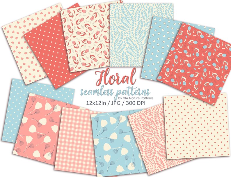 12 Pastel Floral Digital Paper Pack | Flowers Dots Hearts Seamless ...