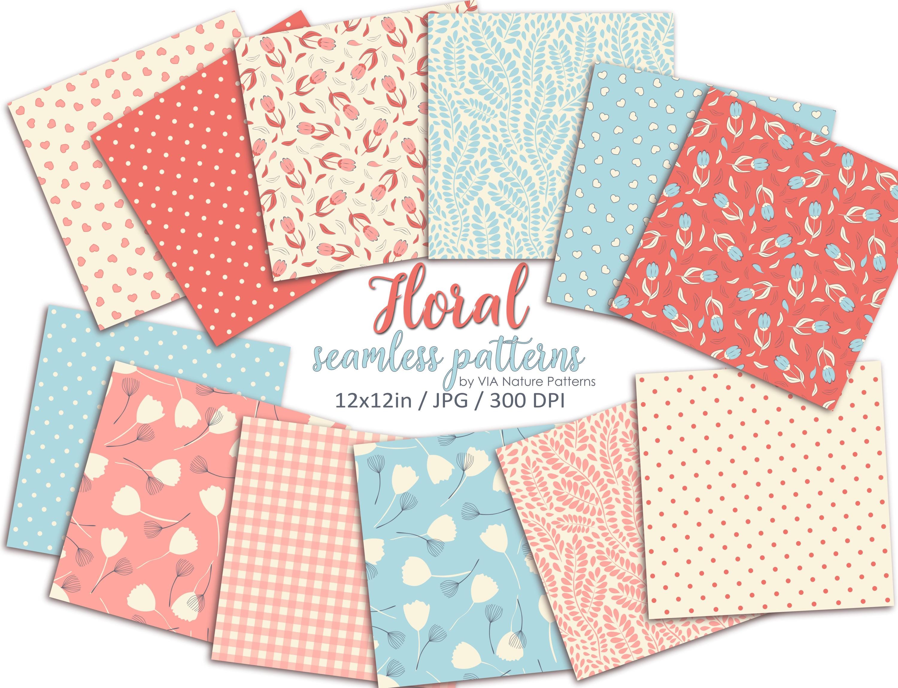 12 Pastel Floral Digital Paper Pack | Flowers Dots Hearts Seamless ...