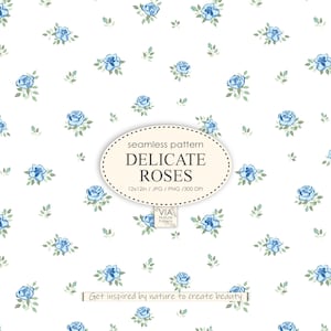 Delicato motivo a rose blu senza soluzione di continuità | Disegno di tessuto floreale | Stampa vintage a pois| Modello Cottagecore | Carta digitale floreale JPG PNG #10050