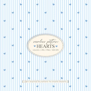 Könnte beinhalten: Nahtloses Muster mit hellblauen Herzen auf einem Hintergrund aus blau-weißen vertikalen Streifen. Der Text "seamless pattern HEARTS" und "Get inspired by nature to create beauty" ist enthalten.