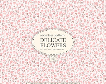 May include: A seamless pattern featuring delicate pink flowers on a white background. The pattern is 12 inches by 12 inches and is available in JPG and PNG formats at 300 DPI. The text "seamless pattern DELICATE FLOWERS 12x12in / JPG / PNG / 300 DPI VIA Nature Patterns Get inspired by nature to create beauty" is included in the image.
