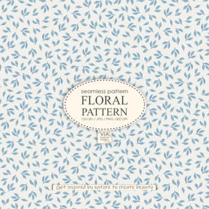 Puede incluir: Un patrón floral sin costuras con pequeñas hojas azules sobre un fondo crema. El diseño incluye el texto "FLORAL PATTERN" y "Get inspired by nature to create beauty". El patrón mide 30,48 x 30,48 cm.