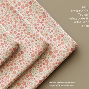 May include: A stack of four fabric swatches with a delicate floral pattern in shades of pink and green on a beige background. The text "All patterns from the Collection You can found using code #10008 in the search box on my store page" is visible in the image. mockup: mockups-design.com design by VIA Nature Patterns.