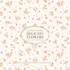 Nahtloses, pastellfarbenes Ditsy-Blumenmuster, Wildblumen für Stoff, Liberty-Ditsy-Druck, winzige orangefarbene Babyblumen, JPG, PNG. Digitales Papier #10059