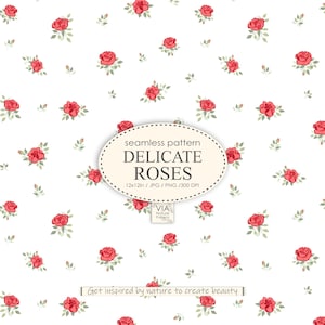 Modello senza cuciture delicato delle rose rosse | Design floreale in tessuto | Stampa vintage | Modello Cottagecore | Carta digitale floreale JPG PNG #10050
