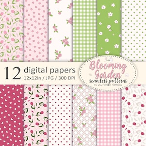 DIGITALE PAPIERE mit Sommerblumen | Designstoff | Tulpen, Rosen, Punkte, Herzen nahtloses Muster | Digitale Zeitungen für Kinder | JPG Kommerzielle Nutzung