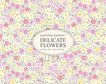 May include: A seamless pattern featuring delicate pink, yellow, and green flowers on a white background. The pattern is titled "Delicate Flowers" and is 12x12 inches, 300 DPI. The text "Get inspired by nature to create beauty" is at the bottom of the image.