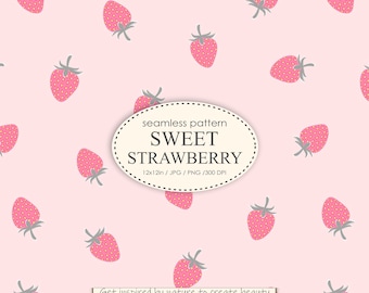 May include: A seamless pattern featuring pink strawberries with gray stems and leaves on a light pink background. The text "seamless pattern SWEET STRAWBERRY 12x12in / JPG / PNG / 300 DPI" is at the bottom of the image. The text "Get inspired by nature to create beauty" is at the bottom of the image.