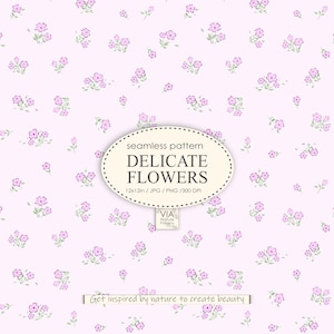 Könnte beinhalten: Ein nahtloses Muster mit zarten lila Blüten auf hellrosa Hintergrund. Das Muster ist 30,5 cm x 30,5 cm groß und in den Formaten JPG und PNG mit 300 DPI verfügbar. Der Text "seamless pattern DELICATE FLOWERS 12x12in / JPG / PNG / 300 DPI VIA Nature Patterns Get inspired by nature to create beauty" ist im Bild enthalten.
