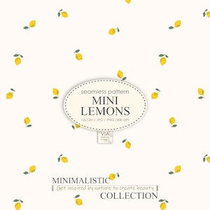 Pode incluir: Um padrão sem costura com pequenos limões amarelos e folhas verdes sobre um fundo creme. O design inclui o texto "MINI LEMONS" e "MINIMALISTIC COLLECTION".