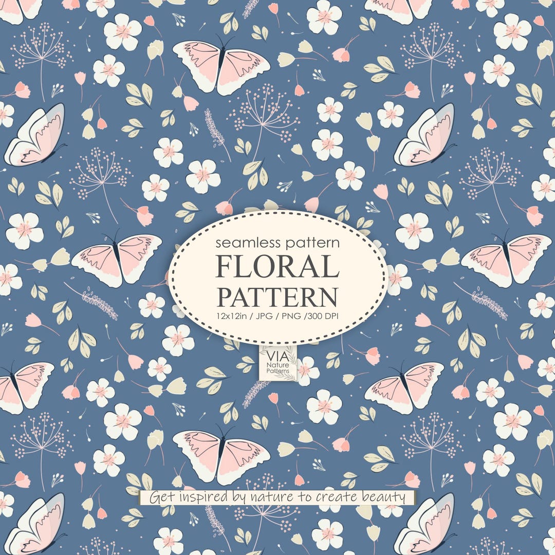 Dusty Blue Floral Seamless Pattern | Fabric Design | Butterflies ...