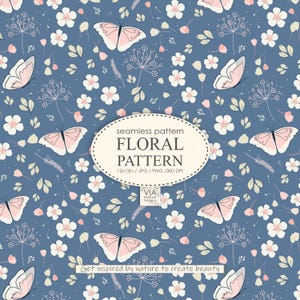 Motivo floreale senza cuciture blu polveroso | Progettazione di tessuti | Farfalle e fiori|stampa per bambini|modello di fiori di campo|Carta digitale JPG PNG |#10049
