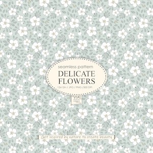 Ditsy florales nahtloses Muster | Weiße Blumen auf Grün für Stoffsublimation| KOMMERZIELL Verwenden Sie Vintage-Tapete JPG PNG Digitalpapier #10006