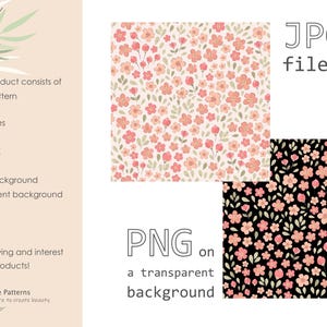 May include: A digital seamless pattern featuring small pink flowers and green leaves on a white background. The pattern is available in both JPG and PNG formats, with the PNG version having a transparent background. The pattern is 12 inches by 12 inches and 3600 pixels by 3600 pixels at 300 DPI.