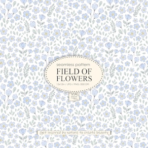 Puede incluir: Un patrón sin costuras de flores azul claro con centros amarillos y hojas verdes sobre un fondo blanco. El texto "FIELD OF FLOWERS" se muestra en forma ovalada. La imagen mide 30,48 x 30,48 cm.