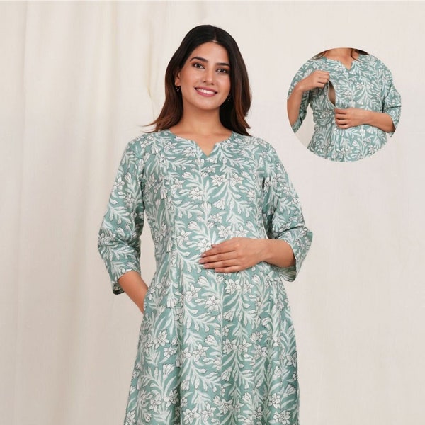 Robe de grossesse à imprimé floral Kurta pour elle, robe de grossesse à manches longues pour femme enceinte, caftan de maternité pour bébé