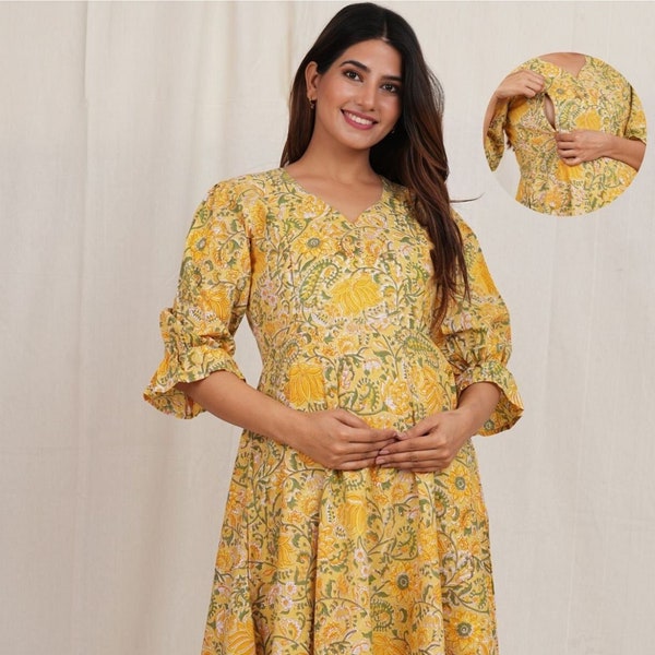 Floral Printed Cotton Maternity Dress With Zip Nursing Kurtis For Women Baby Breastfeeding Zip Pregnancy Gown Gift For Her Gift For Mom