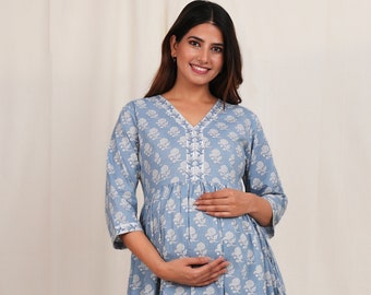 Pure Cotton Maternity Dress Nursing Delivery Hospital Gown Dress Zip For Baby Feeding Daily Wear Kurtis For Mama Baby Shower Gift