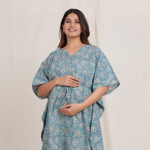 Hand Block Floral Printed Maternity Kaftan Dress Comfortable Beach Pregnancy Maxi Gown Kaftan For Women Baby Shower Gift with Feeding Zip