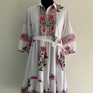 Hand Block Print Cotton Dress Summer Wear Dress Floral Print Regular Wear Gown Belt And Button Dress With Pocket Gift For Her