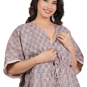 Hand Block Cotton Pregnancy Kaftan Feeding Zip For Baby Feeding Daily Wear Maternity Labour Nursing Gown Nursing For Breastfeeding