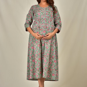 Floral Print Cotton Maternity Dress With Baby Feeding Zip Printed Pregnancy Wear Gown Handmade Nursing Dress Gift For Her