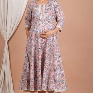 Printed Maternity Dress With Baby Feeding Zip And Pocket Hand Block Print Pregnancy Dress Labour Delivery Hospital Gown Gift For Wife