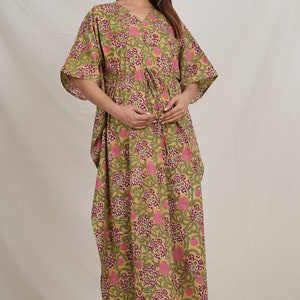 Hand Block Print Cotton Maternity Kaftan With Breast Feeding Zip And Welt Pregnancy Kaftan Handmade Sleepwear Gown Gift For Her
