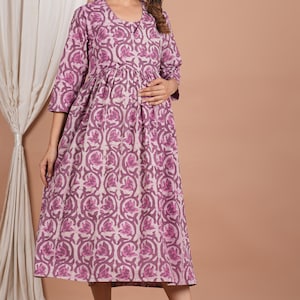 Printed Maternity Dress With Baby Feeding Zip And Pocket Cotton Pregnancy Dress Nursing Wear Gown Gift For Wife