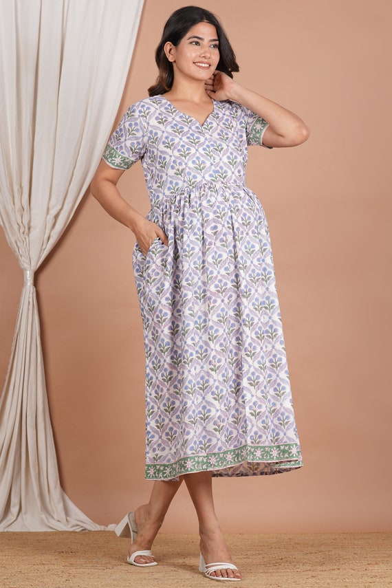Hand Block Print Cotton Maternity Dress With Breast Feeding Zip And Pocket Printed Pregnancy Dress Nursing Wear Gown Gift For Her