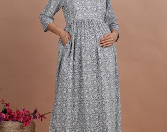 Printed Maternity Dress For Women With Zip And Pocket Breastfeeding Nursing Gown Pregnancy Clothes Handmade Cotton Kurtis