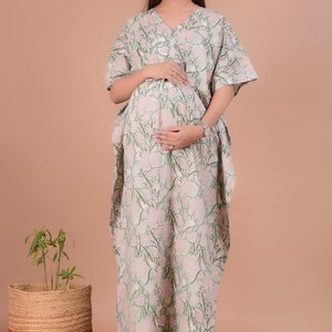 Hand Block Print Cotton Maternity Kaftan Nursing Gown Dress With Easy Access Zippers For Breastfeeding Maternity Nursing Kaftan