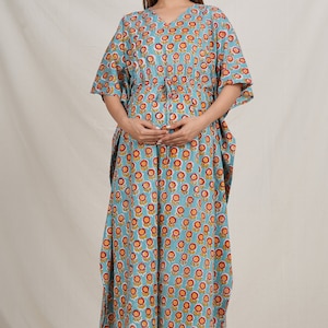 Hand Block Print Cotton Pregnancy Kaftan With Baby Feeding Zip Printed Daily Wear Gown Floral Print Nursing Dress Gift For Her