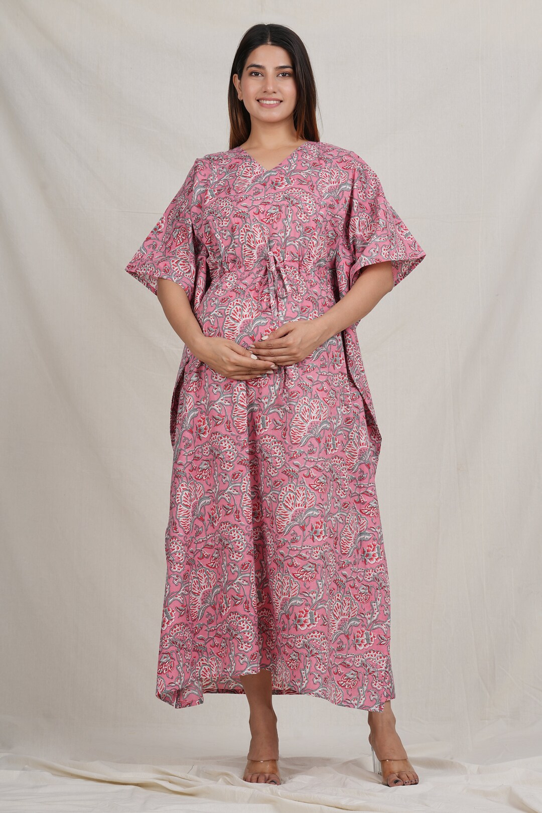 Geometric Print Multi Cotton Maternity Kaftan Calf Length
