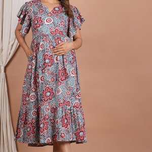 Printed Maternity Dress With Baby Feeding Zip And Pocket Pregnancy Dress Maternity Wear Gown Nursing Dress Gift For Her