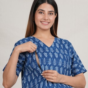 Hand Block Print Maternity Dress Printed Cotton Nightie With Baby Feeding Zip And Pocket Sleep Wear Long Gown Gifts For Wife