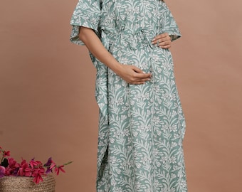 Nursing Gown Maternity Kaftan Block Print Dress For Baby Feeding With Zipper Beach Cover Kaftan Dress Comfortable Night Wear Maxi Dress