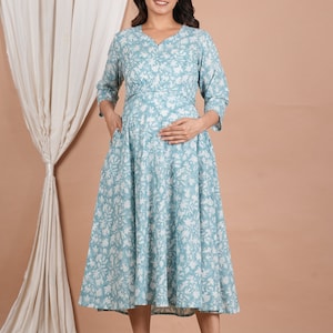 Printed Cotton Maternity Dress With Breast Feeding Zip And Pocket Pregnancy Wear Gown Nursing Wear Kurtis Gift For Wife