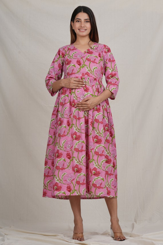 Handmade Cotton Print Maternity Dress With Baby Feeding Zip And Pocket Printed Nursing Gown Pregnancy Wear Dress Gift For Mom