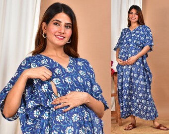 Floral Print Maternity Kaftan Hand Block Nursing Gown Printed Pregnancy Dress With Easy Access Zip For Breastfeeding Cotton Maternity Dress