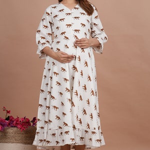 Animal Print Maternity Dress With Breast Feeding Zip And Both Side Pocket Hand Block Print Nursing Gown Gift For Wife