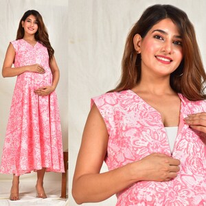 Printed Maternity Sleeveless Dress With Breast Feeding Zip And Pocket Pregnancy Wear Gown Pre And Post Nursing Dress Gift For Wife