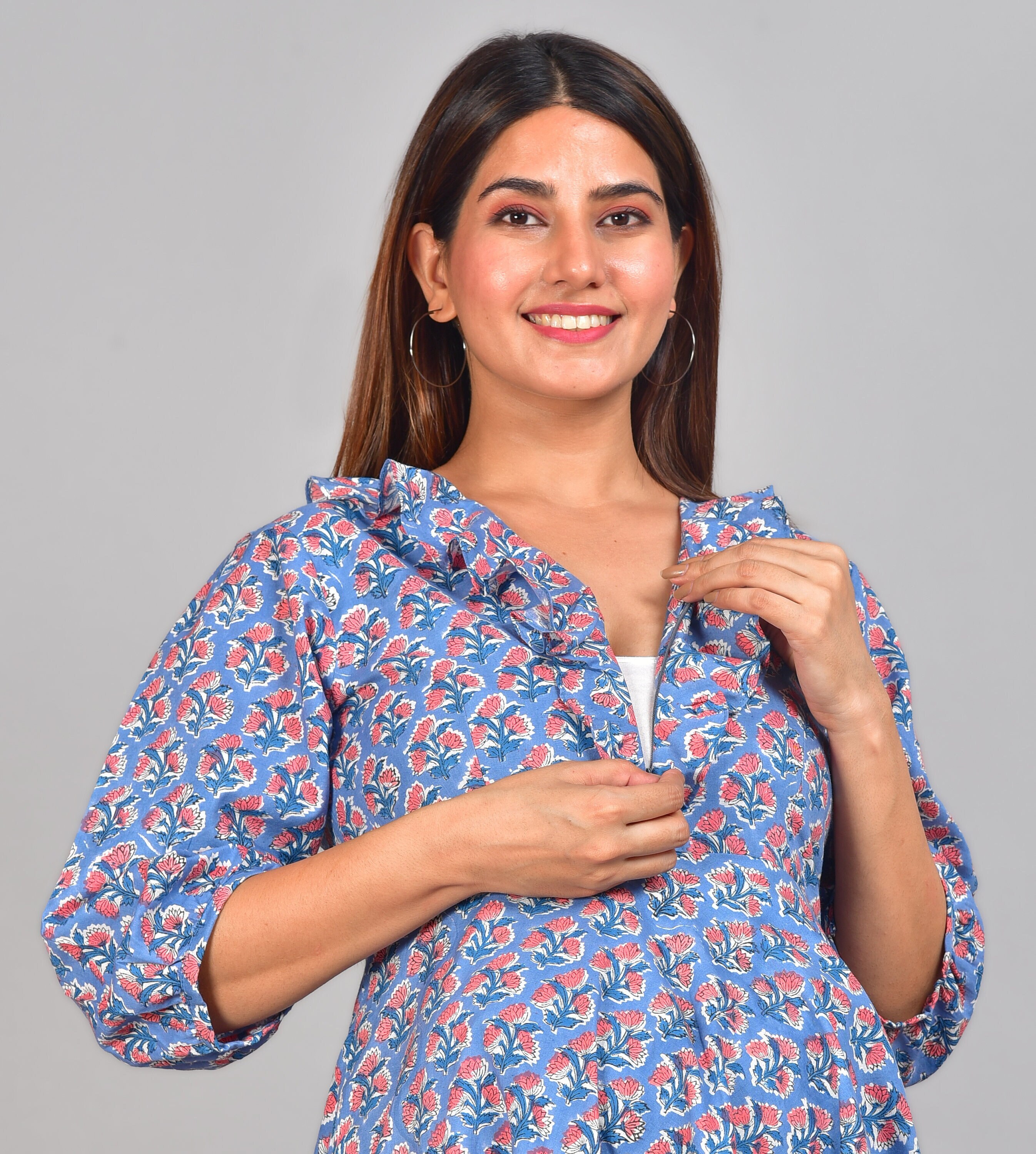 Handblock Nursing Dress for Women Kurti With Front Zip Pregnancy