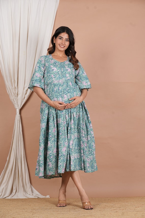 The Kaftan Company Earthy Emerald Soft Cotton Maternity and Feeding Dress