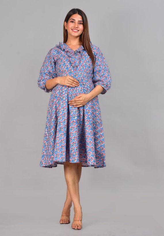 Women's Pure Cotton Printed Maternity Gown/Maternity wear/Feeding Nighty  A-line Maternity Feeding Dress Maternity