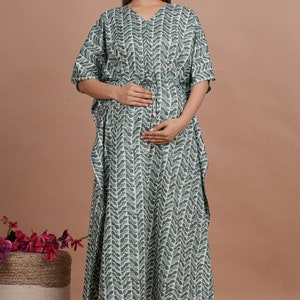 Handmade Pregnancy Kaftan With Breast Feeding Zip And Belt Printed Cotton Maternity Kaftan Nursing Wear Gown Gift For Mom